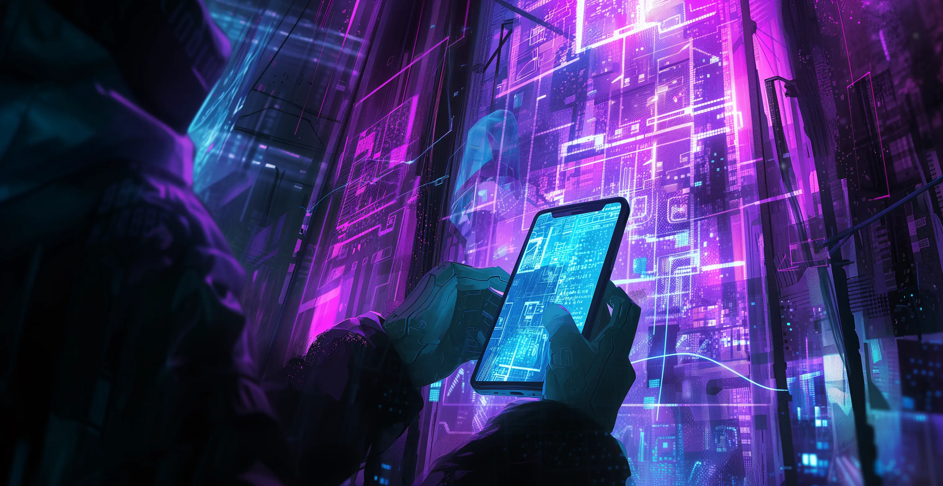 Hand holding a phone in a purple data-security scene
