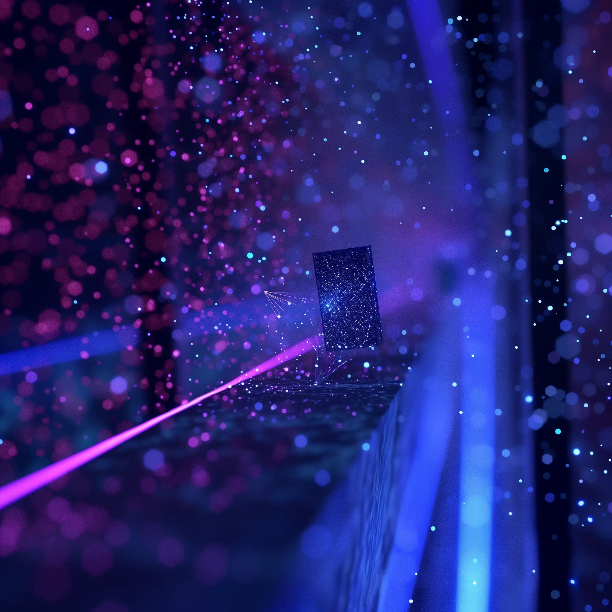 Purple photon and laser particle scene representing quantum light