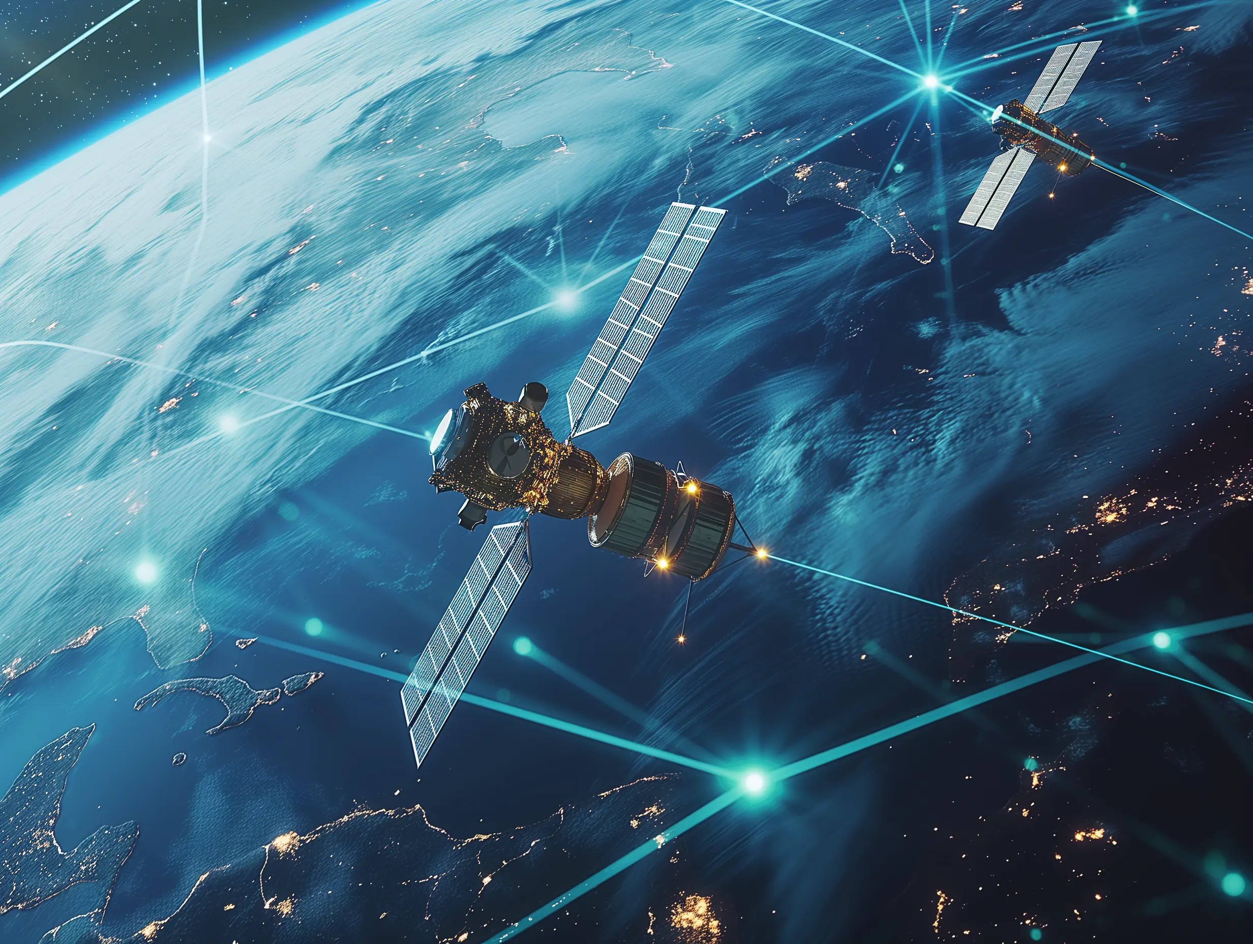 Satellite with a glowing network mesh over Earth at night